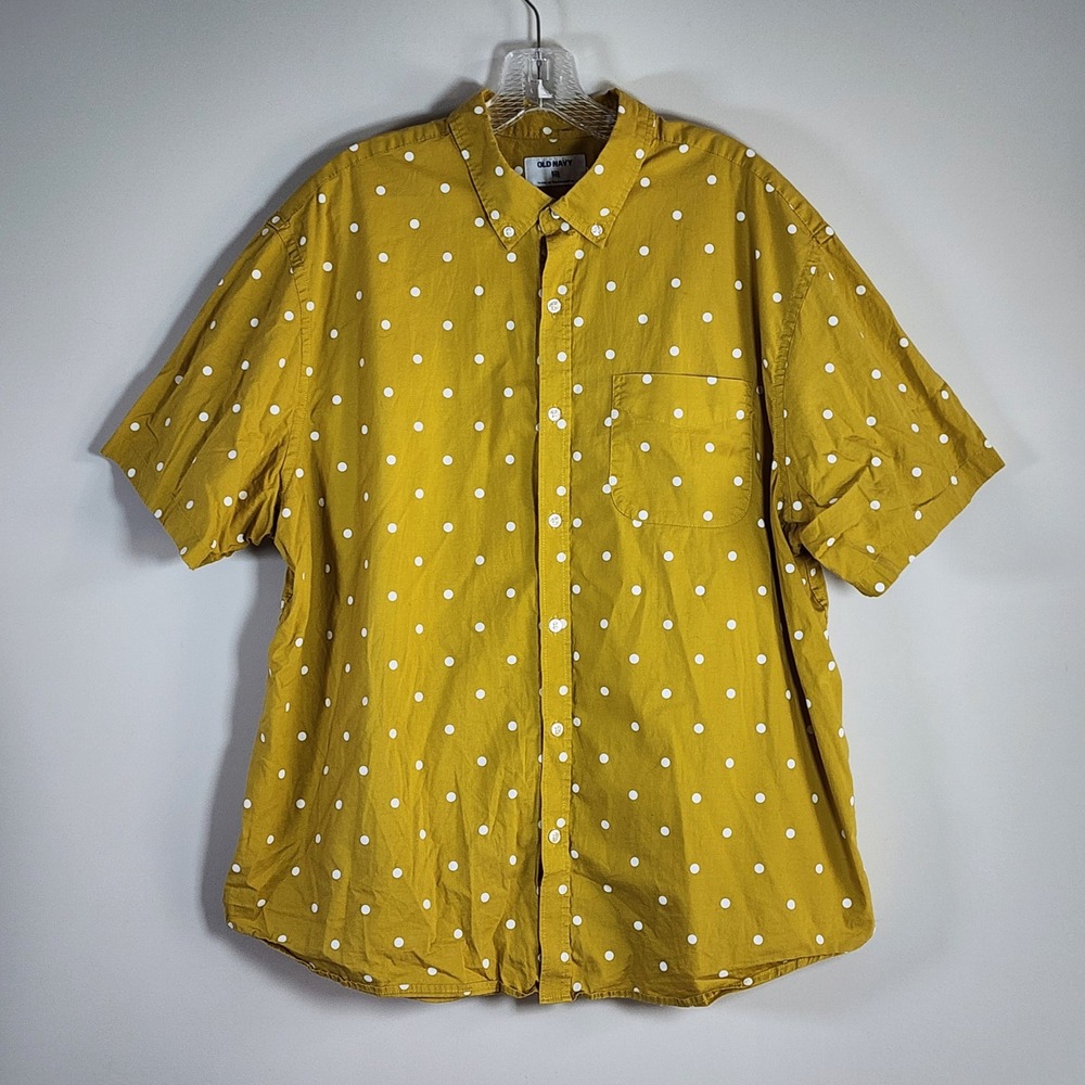 Old Navy Linen Blend Perfect Fit Button Down Shirt Mens XXL Mustard Polka Dot